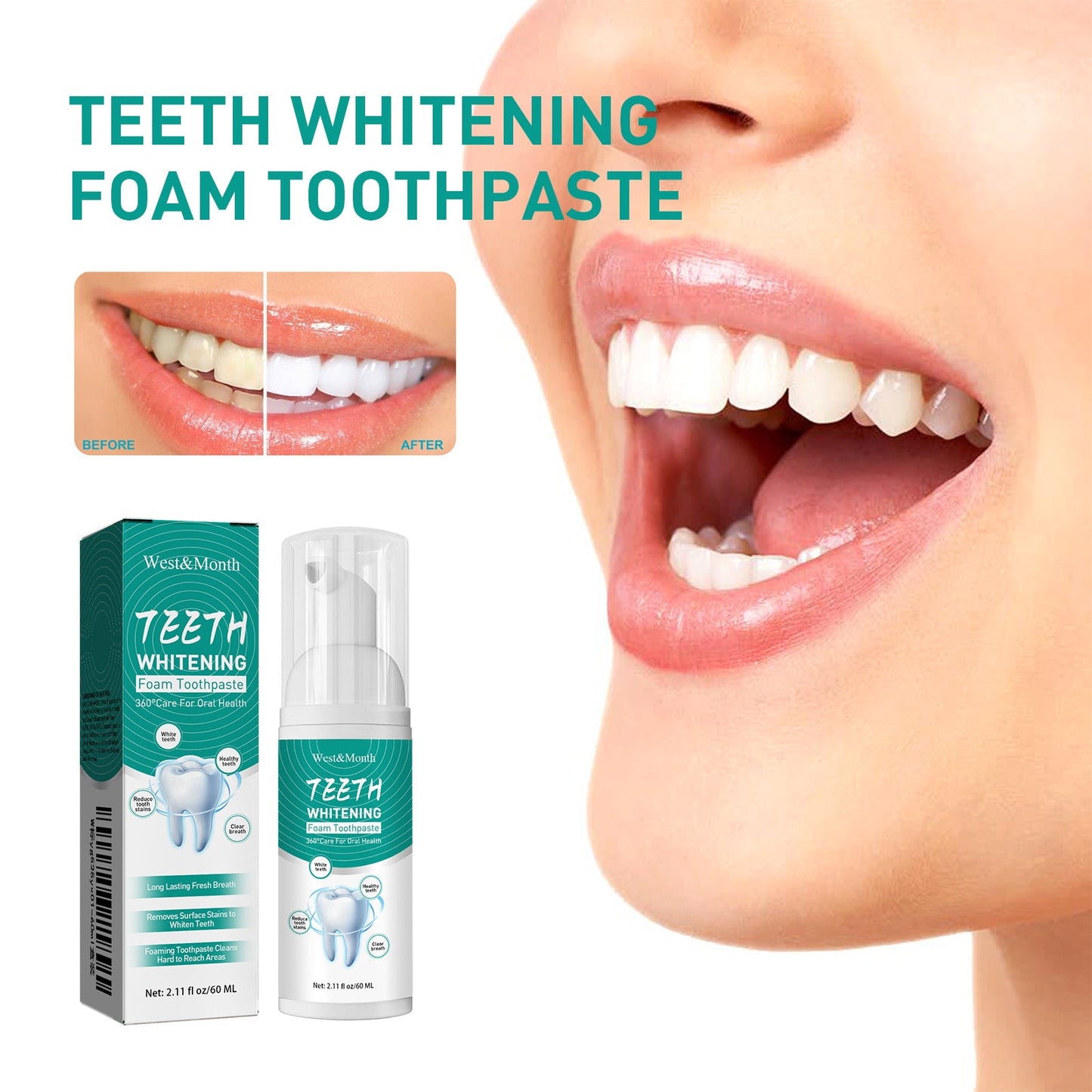 West&amp;Month Foam ថ្នាំដុសធ្មេញ Fresh Breath Whitening Toothpaste Anti-Cavity Oral Cleansing Tooth Stain ការពារអញ្ចាញធ្មេញ 