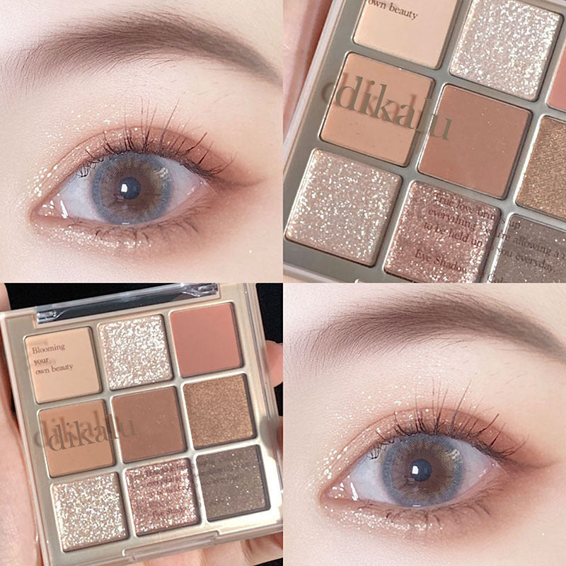 DIKALU milk tea nine-grid eyeshadow low-saturation almond knitted nine-color eyeshadow palette pearlescent matte fine flash cross-border