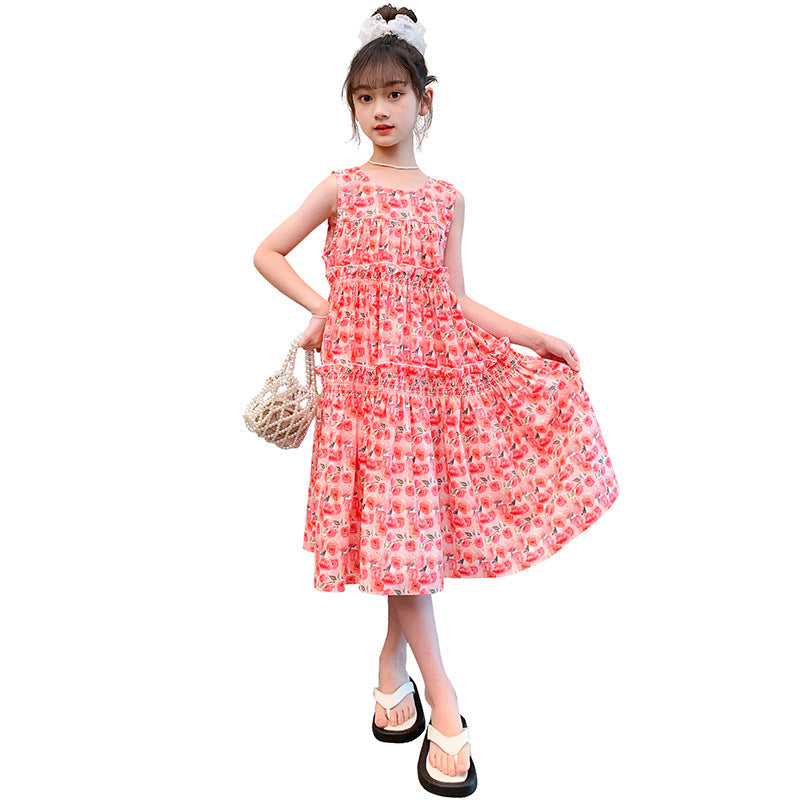 Girls summer cotton skirt pure cotton dress floral Korean vest skirt middle and older children primary school middle school foreign style fashionable