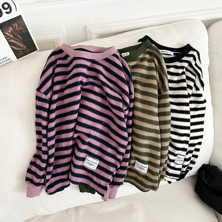 Elmo Beibei Children's 2024 Spring Versatile Striped Bottoming Tops for Boys and Girl Contrast Colored Sweater Loose Sweater Trendy