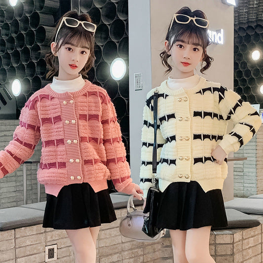 2024 new girls sweater double-breasted sweater coat hollow double-layer Korean version of foreign Internet celebrity middle and large children's knitted sweater