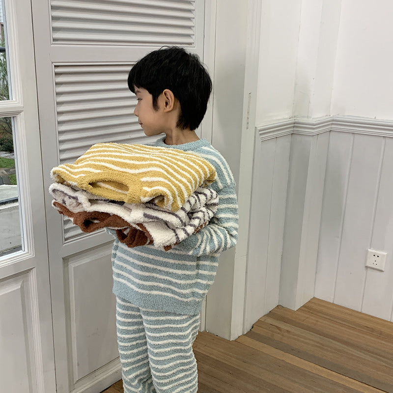 Elmo Beibei Children's 2024 Winter Thickened Home Clothes warmed Home Clothes for Boys and Girls ឈុត​ខោវលីវ​ឆ្នូត​កូរ៉េ​ទាន់សម័យ