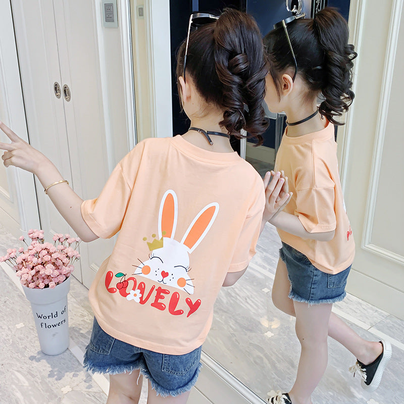 Girls short-sleeved T-shirt 2024 new summer cartoon printed cotton T-shirt fashion casual tops cute T-shirt