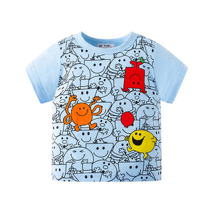 2023 Summer Children's Short Sleeve New Cartoon Printed Sweater Boys Top Summer Clothes Trendy Children's Clothes One Piece Delivery