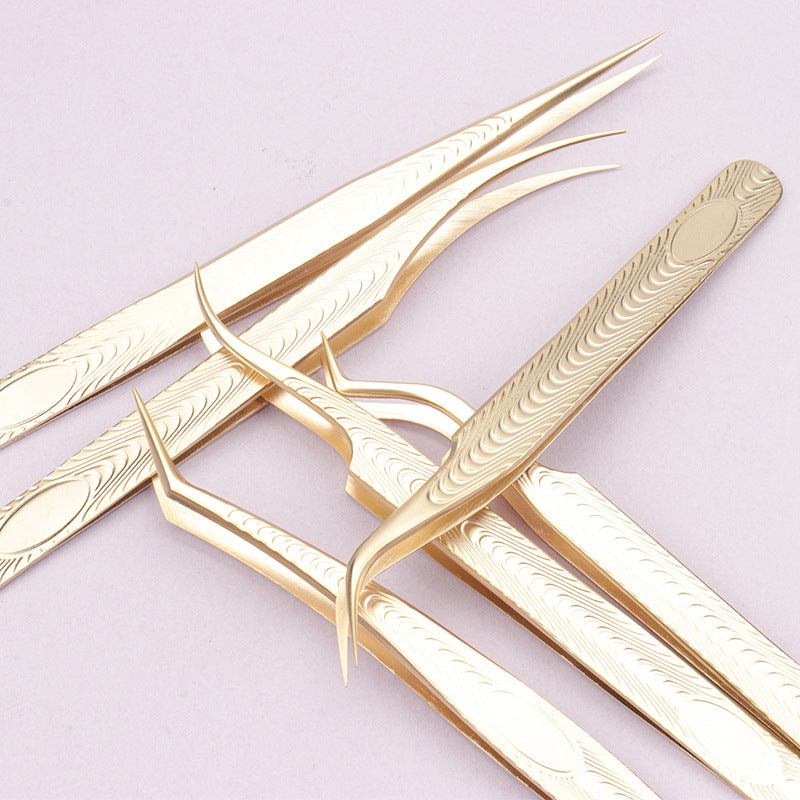 Wholesale eyelash extension auxiliary tools stainless steel gold wood grain tweezers multifunctional flowering tweezers