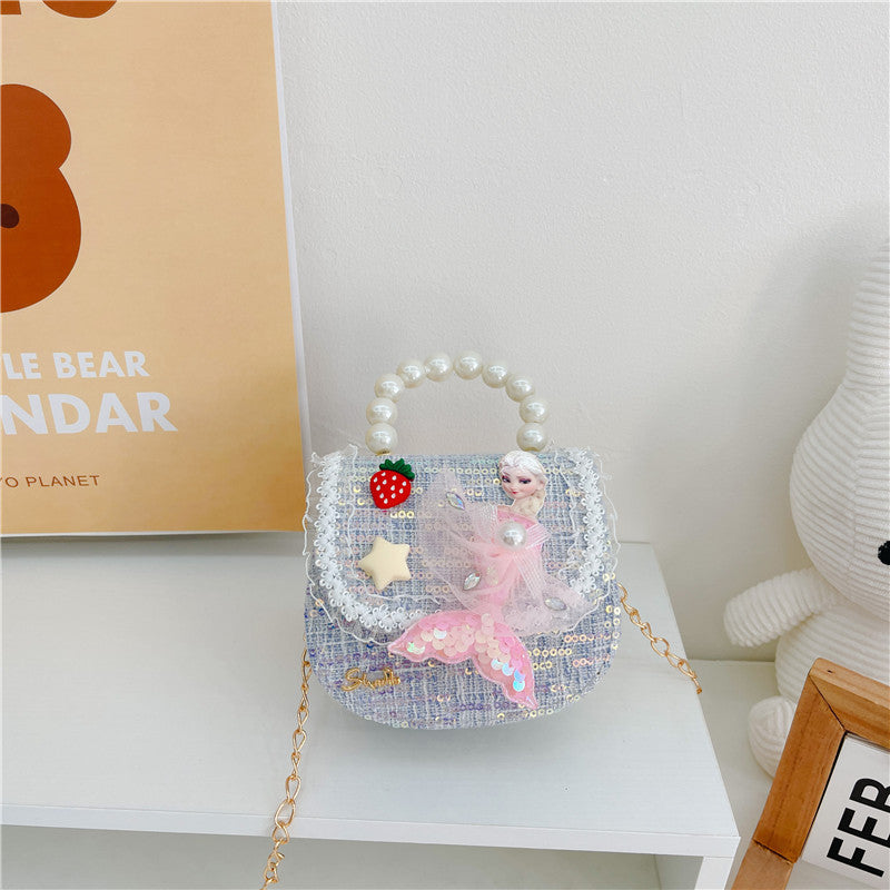 Children's Bags Girls Cute Little Princess Crossbody Bag Cartoon Little Girl Pearl Handbag Versatile Chain Shoulder Bag