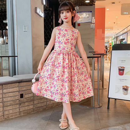 Girls summer cotton dress floral pure cotton vest dress pastoral style middle and older children primary school kindergarten fat foreign style