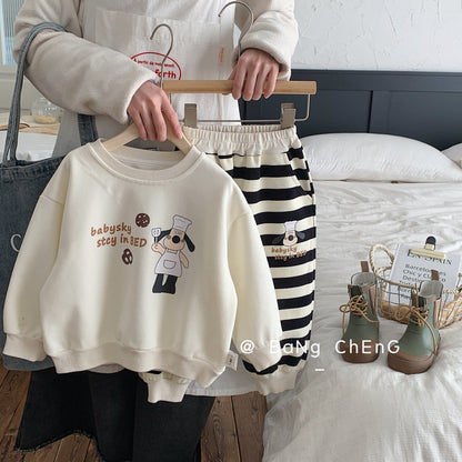 Children's suit Bangcheng 2024 spring new children's clothing cartoon sweatshirt boy striped pants two-piece suit trendy G0050