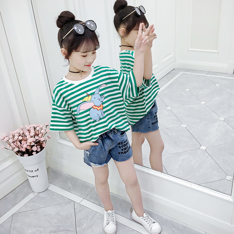 Children's clothing girls summer short-sleeved T-shirt 2024 new children's striped tops for middle and large children round neck cartoon T-shirt