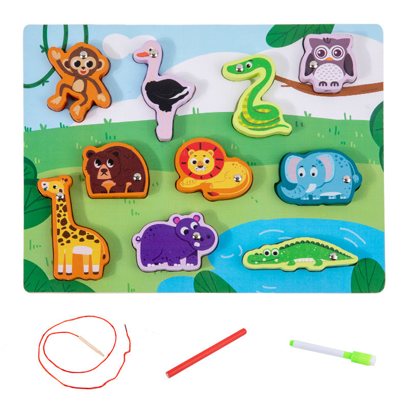 Children's wooden double-sided multifunctional pairing board threading rope drawing board children's fishing string jewelry educational toys