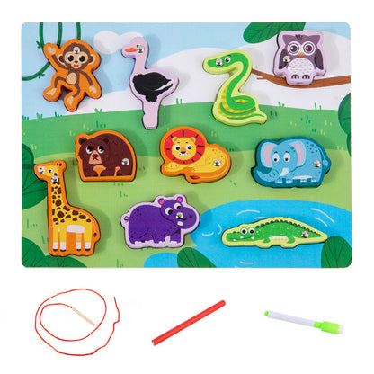 Children's wooden double-sided multifunctional pairing board threading rope drawing board children's fishing string jewelry educational toys