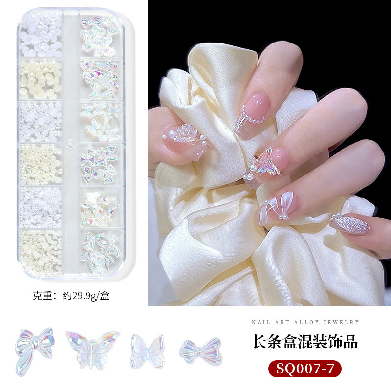 Nail art accessories aurora bow pearl rivet small accessories super flash small diamond 12 grid mixed nail decoration wholesale