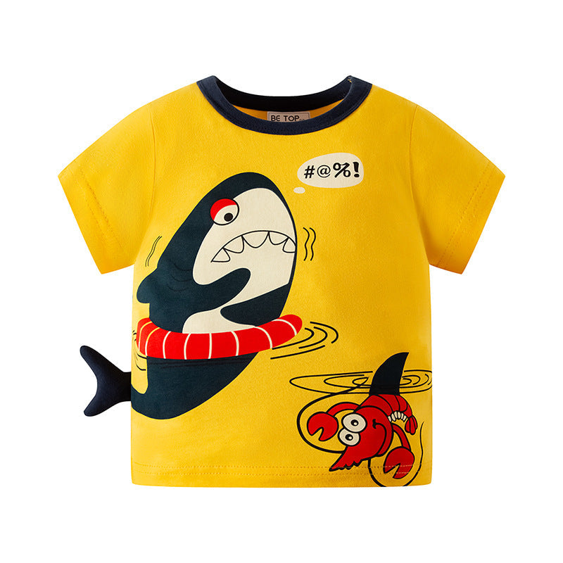 2024 Summer Korean Boy Baby All-match Loose Children's T-shirt Cartoon Print Top Trendy Brand One Piece Delivery