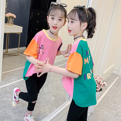 Girls short-sleeved T-shirt 2024 new children's summer clothes for middle and large children's clothes with fashionable cartoon prints and contrasting colors pure cotton tops