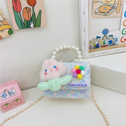 Cartoon cute children's small square bag fashionable pearl handbag versatile girl stylish chain shoulder crossbody backpack