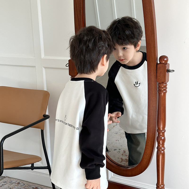 Elmo Beibei Children's 2023 Winter Thickened Velvet Raglan Embroidered Sweater Baby Camel Velvet Warm Bottoming Top