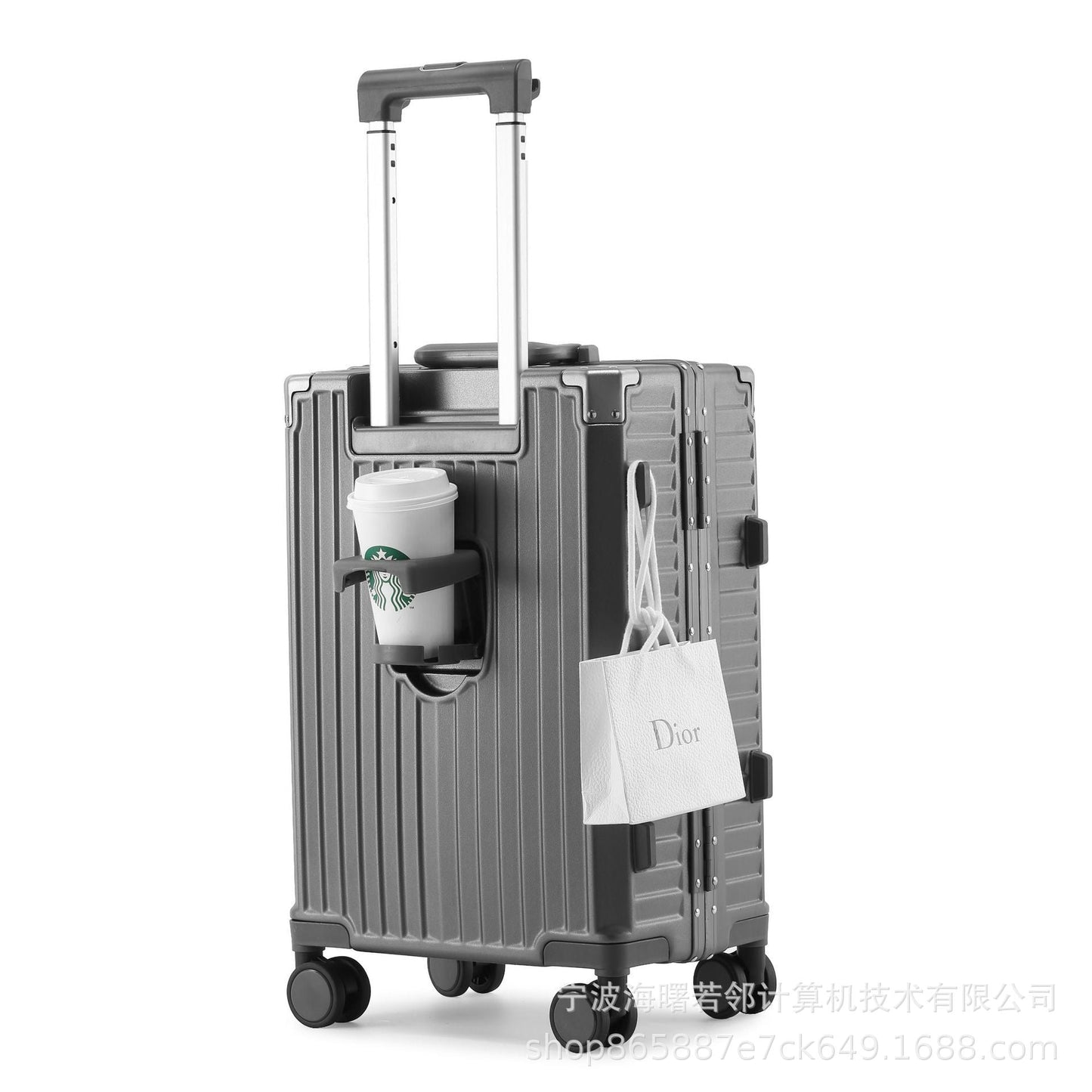 20 inch registration box PC aluminum frame trolley case multi-function front opening suitcase universal wheel suitcase folding cup holder 