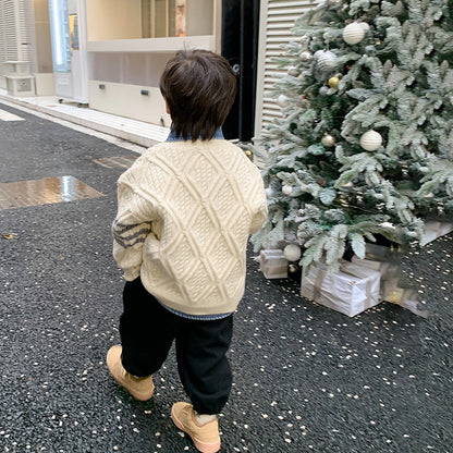 Amo Beibei 2023 Winter Children's Thickened Warm Contrast Color Sweater Boys and Girls Baby Christmas Twisted Sweater