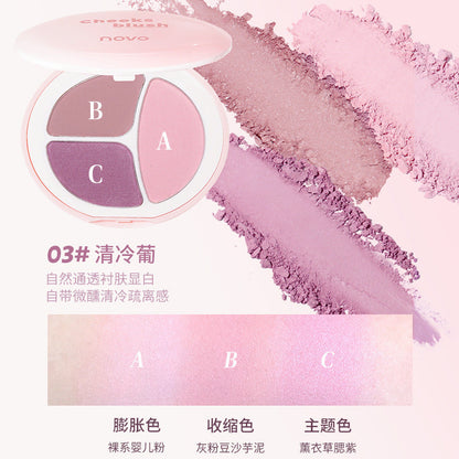 NOVO Emotional Three Color Blush Palette មានម្សៅផាត់ធម្មជាតិ មិនងាយប្រឡាក់ ងាយស្រួលលាប ម៉ត់រលោង ភ្លឺថ្លាបែបធម្មជាតិ។ 