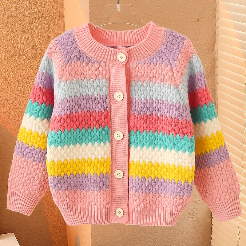 2024 autumn and winter girls cardigan sweater new rainbow knitted sweater for middle and large children loose Korean version with color