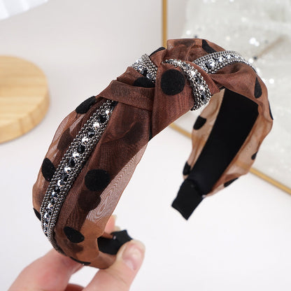 Amazon new style headband for women European and American ethnic style knotted head buckle permed rhinestone mesh gauze fabric headband hair cave women