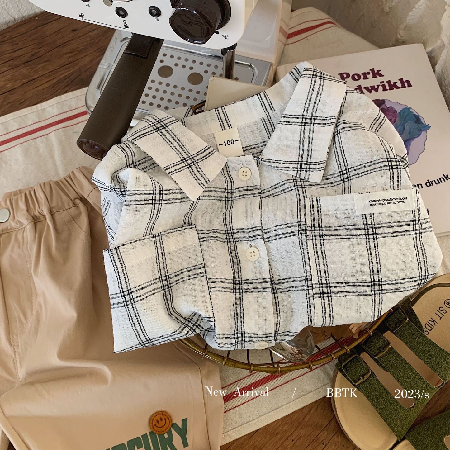 Children's shirt 2023 Bangcheng summer style boys and small children's simple plaid short-sleeved shirt casual top trend F0106