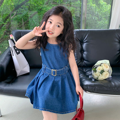 Korean children's clothing 2024 summer new girls denim dress Western style children's sleeveless vest dress princess dress trend