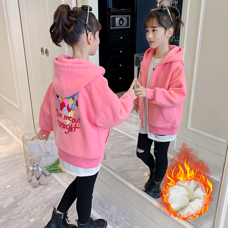 Girls 2024 winter spring and autumn new style big sweater cardigan hooded plus velvet thick warm primary school students kindergarten coat