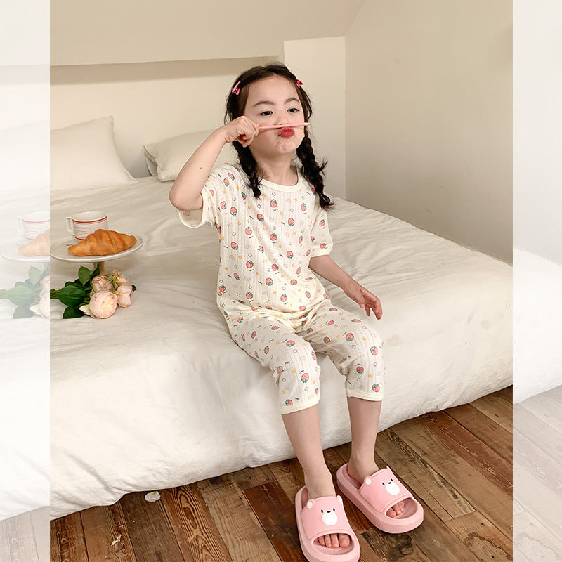 Amo Beibei children's 2024 summer striped cotton home clothes set for middle and large children's A-type cartoon pajamas two-piece set trendy