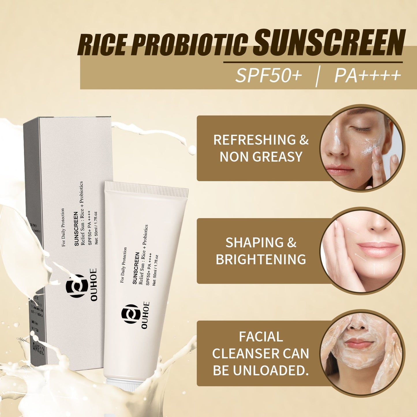 OUHOE Rice Probiotic Protective Cream ផ្តល់ភាពស្រស់ស្រាយ មិនកក មិនស្អិត ប្រឆាំងកាំរស្មីយូវី ផ្តល់សំណើម និងផ្តល់សំណើមដល់ផ្ទៃមុខ 