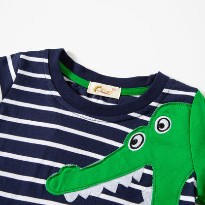 2024 new children's spring and autumn baby striped tops pure cotton fake two-piece cartoon children's clothing manufacturers one piece dropshipping