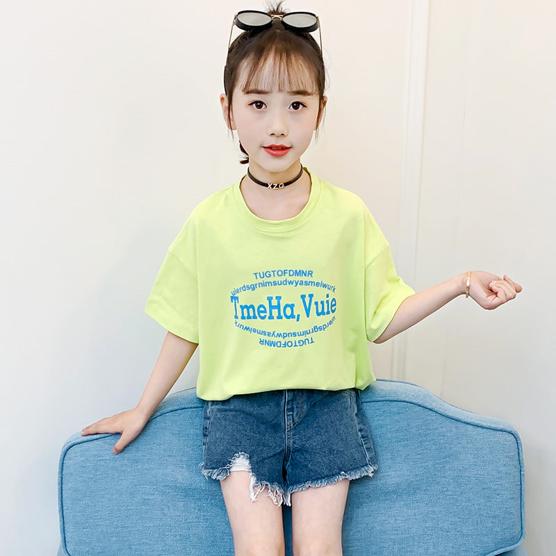 Girls short-sleeved T-shirt summer clothes 2024 new Korean style popular children's clothing middle and large children's summer loose tops