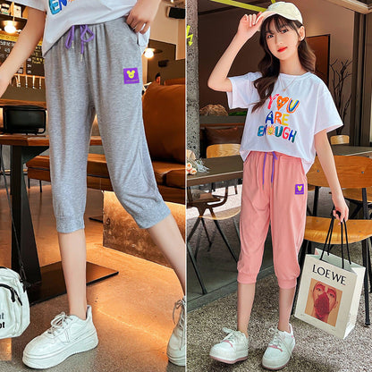 Girls' summer cropped trousers loose elastic outer cotton cuffs thin style middle and large children's sports casual trousers trendy