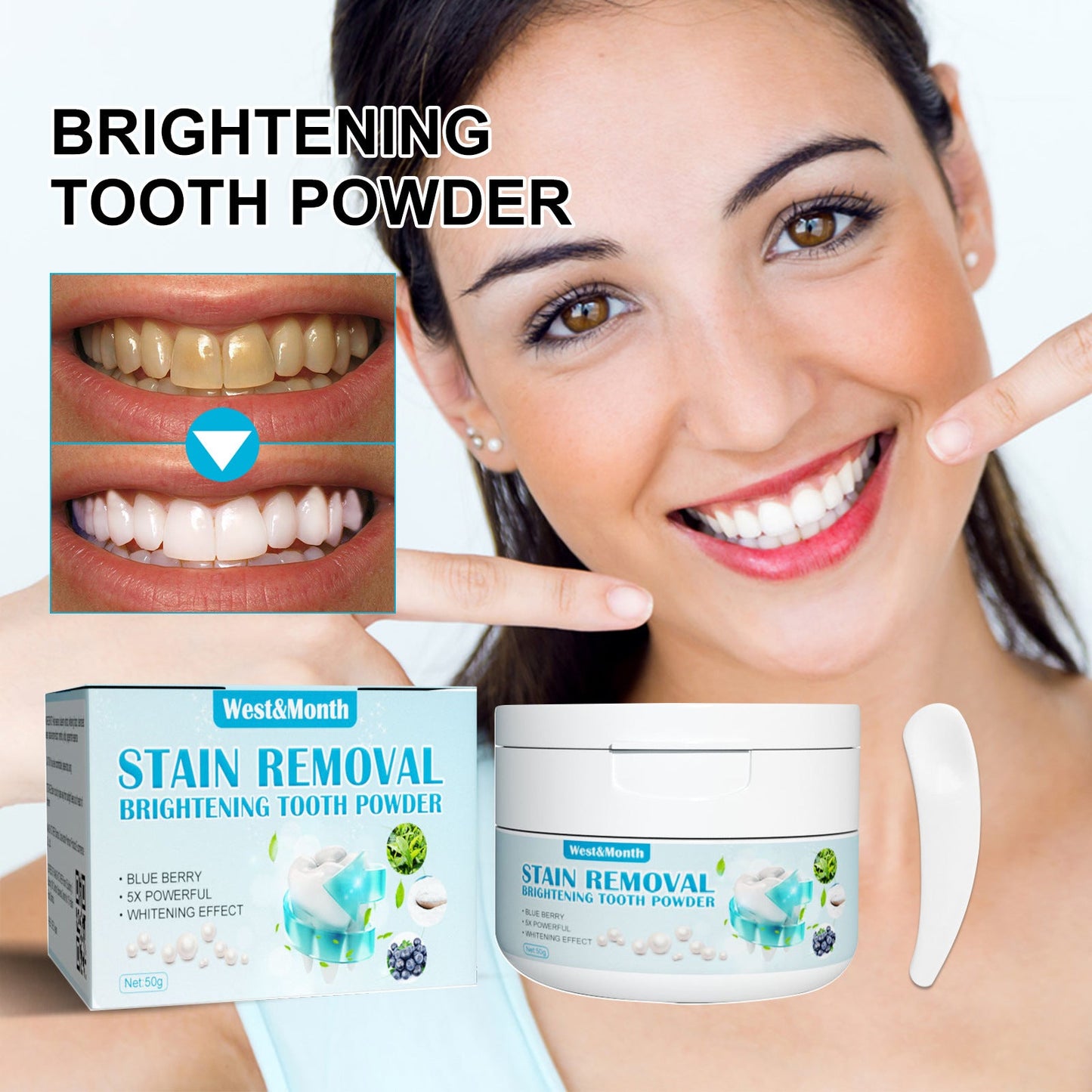 West&amp;Month Baking Soda Tooth Powder Pearl Whitening ខ្យល់ដង្ហើមស្រស់ថ្លា បំបាត់ក្លិនមាត់ស្អាត ម្សៅសម្អាតធ្មេញលឿង 