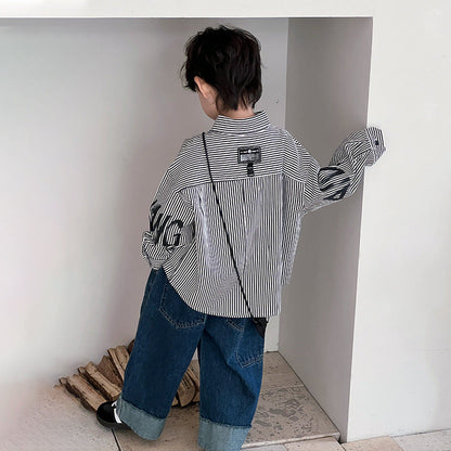 Boys autumn shirts children's shirts 2024 autumn children's clothing new style little boy Korean style striped tops trend