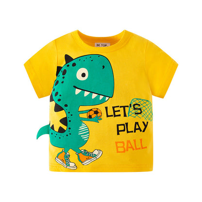 2024 new boys' cotton round neck short-sleeved T-shirt children's summer dinosaur cartoon half-sleeved T-shirt one piece for delivery