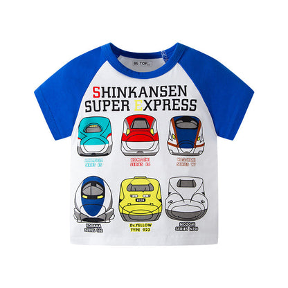 Korean style summer new children's short-sleeved T-shirt for boys and babies with contrasting colors and cartoon prints with raglan sleeves