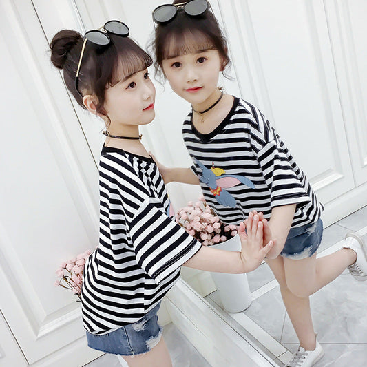 Children's clothing girls summer short-sleeved T-shirt 2024 new children's striped tops for middle and large children round neck cartoon T-shirt