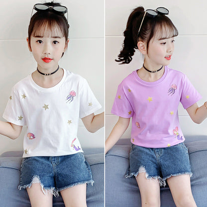 Girls summer short-sleeved T-shirt 2024 new fashion cartoon print loose T-shirt casual sports cotton top