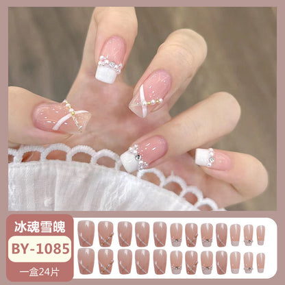 Wearable nail art nail tips wholesale Xiaohongshu hot sale white French pearl rhinestone nail stickers detachable nail tips