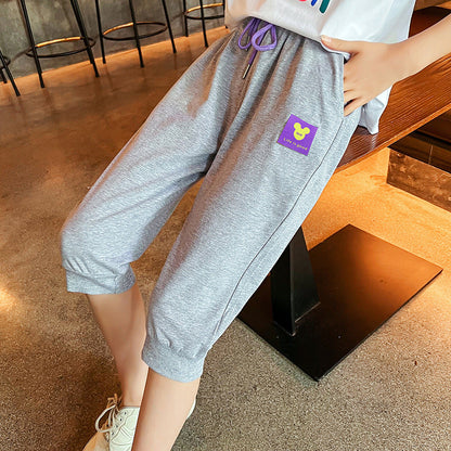 Girls' summer cropped trousers loose elastic outer cotton cuffs thin style middle and large children's sports casual trousers trendy