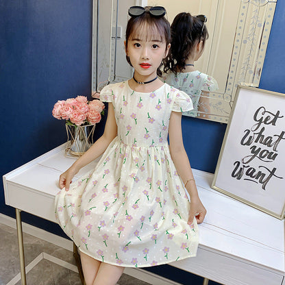 Girls dress 2024 summer new children's stylish printed cotton skirt little girl short-sleeved cartoon vest skirt 