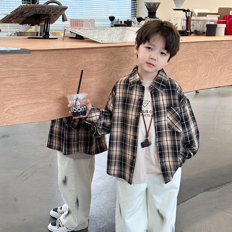 Amo Beibei 2024 Spring Children's Shirt Boys Handsome Korean Lapel Top Baby Loose Plaid Shirt