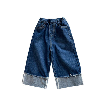 2024 Spring New Korean Style Boys and Girls Curled Jeans Children's Straight-leg Turned-up Jeans Trousers