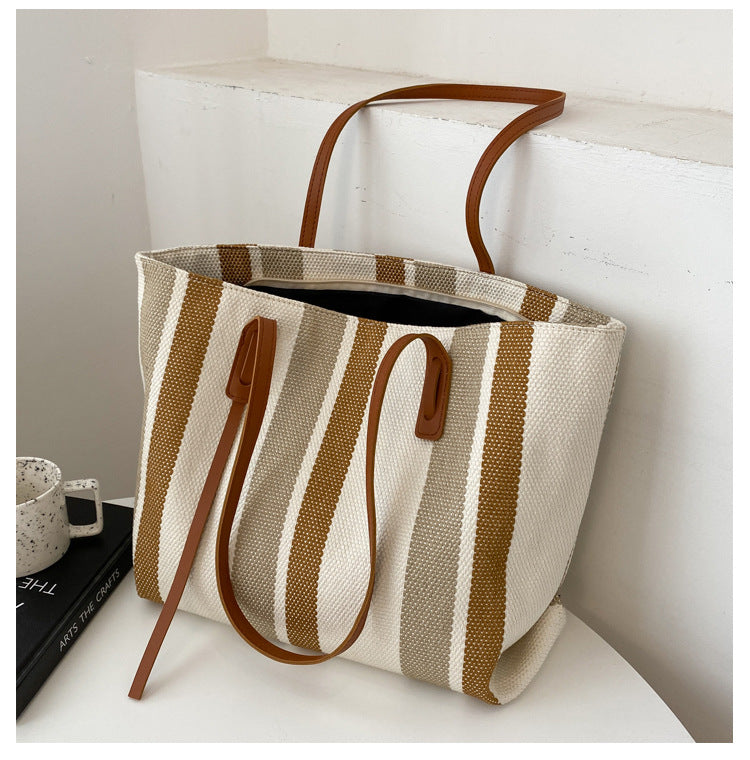 Large capacity striped women's big bag autumn 2024 new trend fashion shoulder bag casual bag hand-held tote bag large bag 