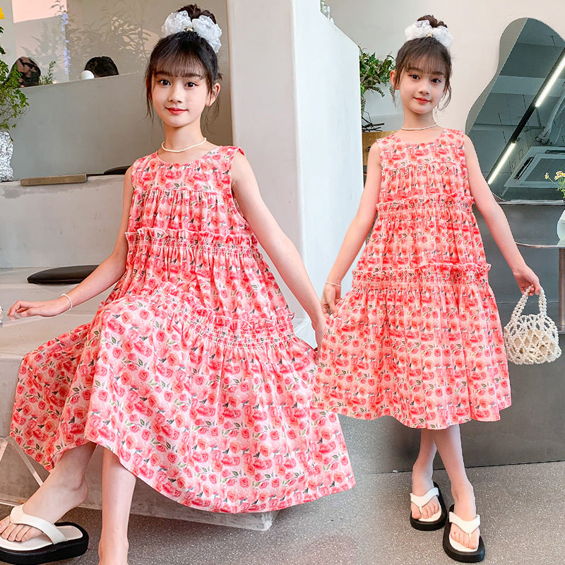 Girls summer cotton skirt pure cotton dress floral Korean vest skirt middle and older children primary school middle school foreign style fashionable