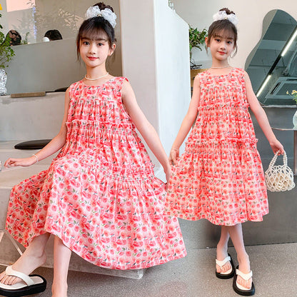 Girls summer cotton skirt pure cotton dress floral Korean vest skirt middle and older children primary school middle school foreign style fashionable