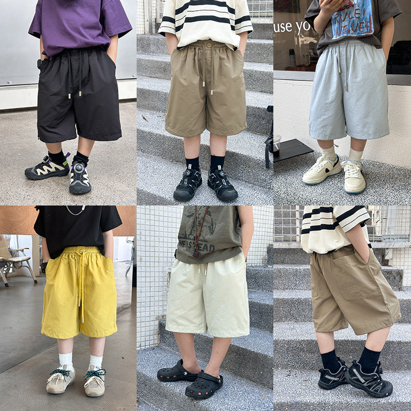 Amo Beibei boy 2024 summer all-match washed drawstring shorts baby cotton brocade wrinkled loose cool shorts trend