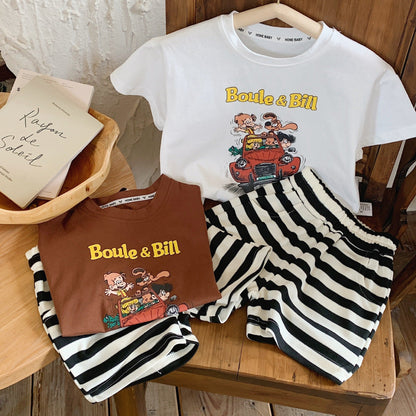 Children's suit 2024 Bangcheng summer style boys and girls cartoon print short-sleeved T + striped shorts two-piece suit F0136