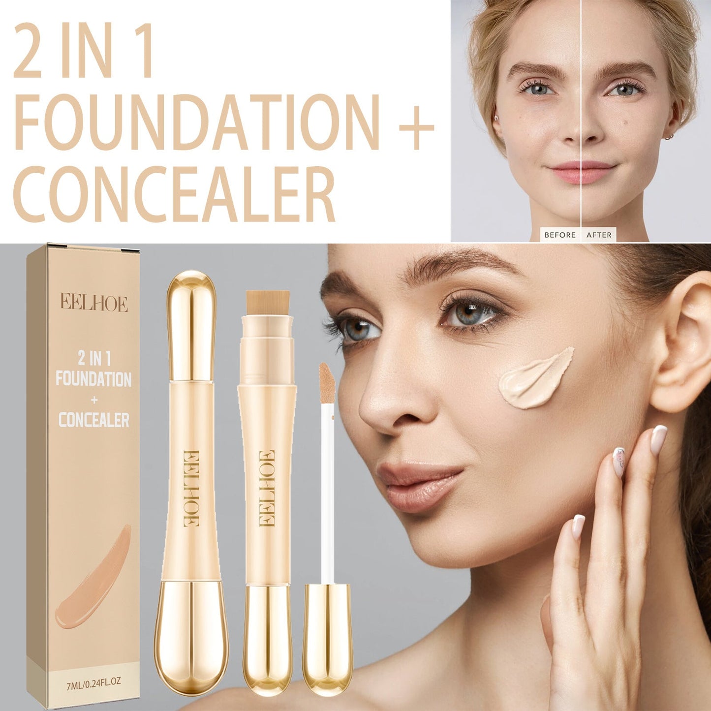 EELHOE double-headed concealer lasts for a long time, moisturizing, naturally brightening, concealing spots, acne marks, moisturizing double-headed concealer 